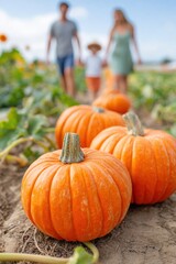 Pumpkins growing in field with family walking in background
