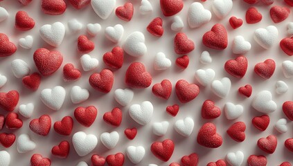 Red and white hearts scattered on a light background