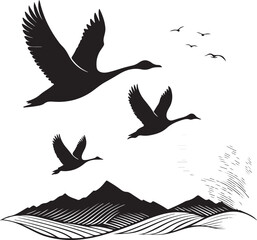 Silhouettes of flying geese over rolling hills and fields