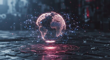 A glowing red holographic projection of planet Earth hovers over a futuristic surface, interconnected by a blue digital network.