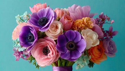 Vibrant bouquet of pastel blooms against teal