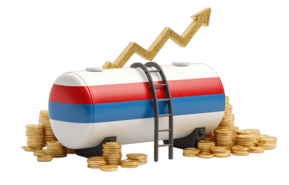 Fuel tank with rising price, surrounded by coins