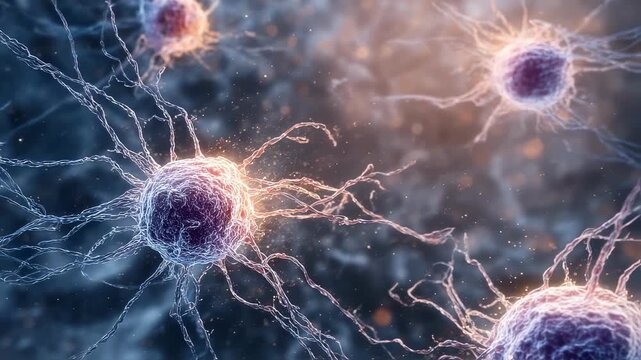 Focused medium shot of neural cells from PraderWilli research showcasing epigenetic silencing impact on neuronal activity main cell bodies sharply defined with artistic background