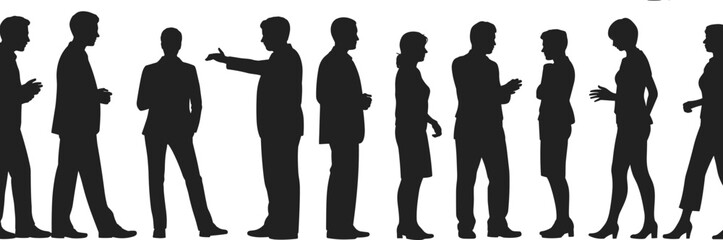 Silhouette Collection of Business People Talking, Standing in Line, Communicating in Groups, Vector Illustration for Corporate and Office Concepts