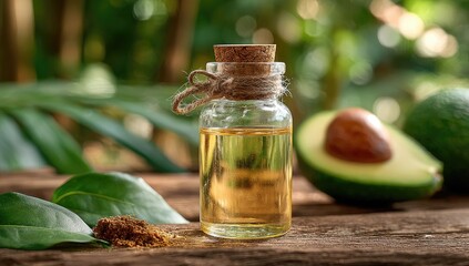 Small glass bottle of oil beside avocado