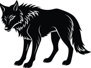 Black wolf silhouette standing with a watchful gaze in a vector illustration on white background