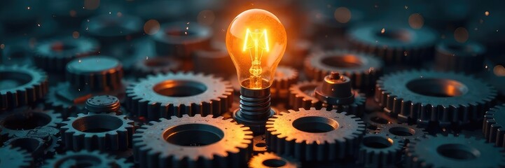 A lightbulb illuminates a complex network of gears, symbolizing a brilliant invention and innovative idea sparking progress and change , discovery, cleverness
