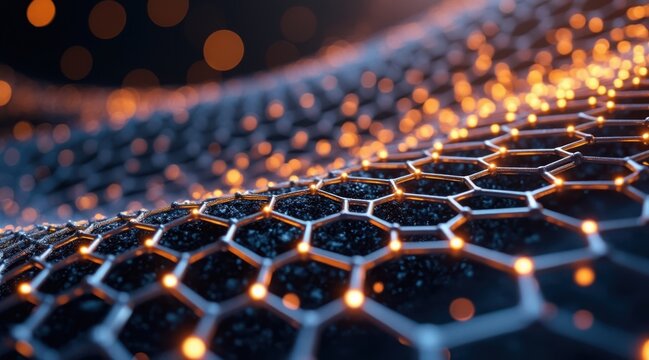 Abstract hexagonal nanostructure with glowing particles and energy flow