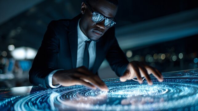 an african american businessman in a suit and glasses is working on a holographic table, surrounded by floating blue light waves,