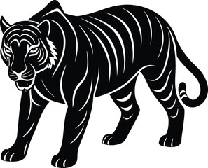 Black and White Tiger Illustration Standing Proudly with Detailed Stripes on white background