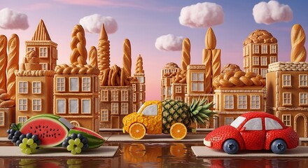 A whimsical cityscape crafted from baked goods and fresh fruits, featuring vehicles made of watermelon, pineapple, and bread.