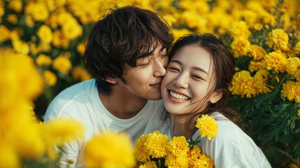 a young asian couple in a happy and romantic mood. the man is kissing the woman's cheek in a field of yellow flowers, holding a bouquet of chrysanthemums.