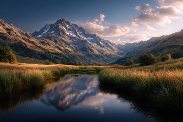 Fototapeta premium Mountain Lake Reflection Scenic Landscape Golden Hour Tranquil Scenery Nature