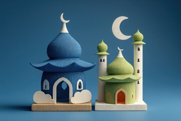 Two stylized mosques, light blue and lime green, on a plain blue background