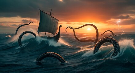 A Viking longship battles a colossal kraken amidst a stormy sea at sunset.