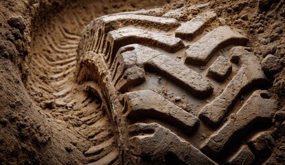 Muddy tire track in sand
