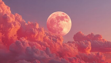 Pink moon behind dusky clouds