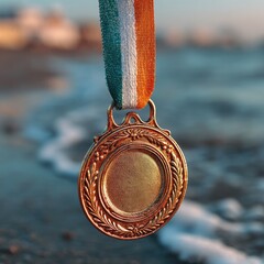 Gold medal hangs, ribbon, blurred beach