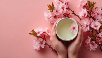 Hands hold a pale-cream teacup, surrounded by delicate pink cherry blossoms on a pale-pink surface