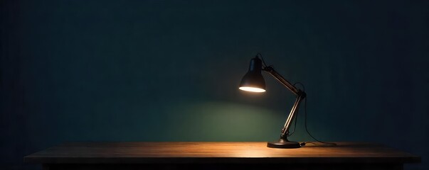 A lone, unplugged desk lamp sits on a dark wooden table, casting no light The cord dangles loosely, symbolizing disconnection and absence of illumination , wood grain, disconnection, room