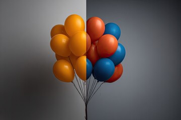 Divided bunch of colorful balloons against a gray backdrop