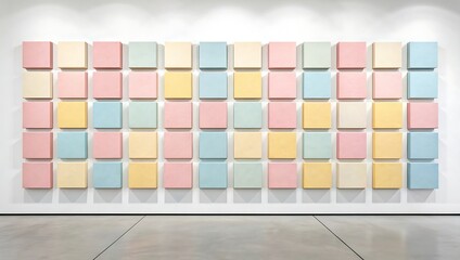 A large wall display of colorful pastel squares in a modern art gallery setting