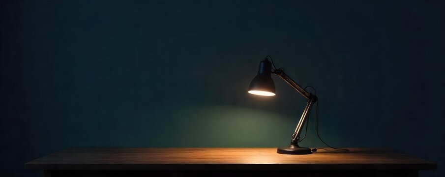 A lone, unplugged desk lamp sits on a dark wooden table, casting no light The cord dangles loosely, symbolizing disconnection and absence of illumination , wood grain, disconnection, room