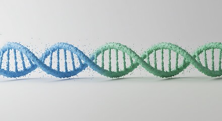 A scientific and medical illustration of a DNA double helix molecule. The strand transitions from blue to green, symbolizing genetic information, innovation, and biotechnology concepts