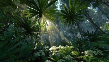 Lush jungle canopy, sunbeams filtering