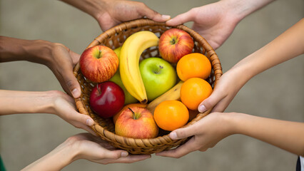 Co-Living Cohousing Shared A group of diverse hands holding a basket filled with fresh fruits together.