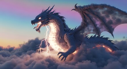 A majestic white dragon with glowing eyes and fiery accents soars through a cloudy sky, illuminated by lightning.