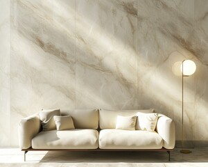Modern beige sofa sits against a stylish marble wall, illuminated by a floor lamp in a well-lit interior space.