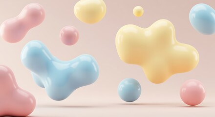 Futuristic 3D abstract concept art featuring floating organic liquid blob shapes in soft pastel colors, a modern graphic design illustration