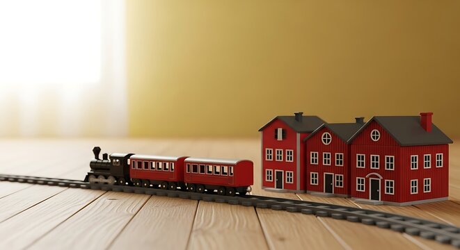 A miniature toy train with red carriages travels along a track past a row of small red houses on a wooden floor. - Powered by Adobe