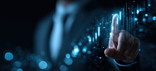 Businessman's finger interacts with a holographic data interface