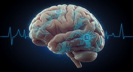 Conceptual rendering of a human brain with glowing electronic circuits, symbolizing the fusion of biology and artificial intelligence technology