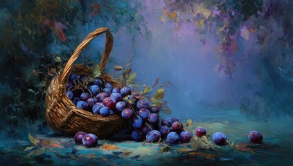 Plums in a Basket, Artistic Still Life