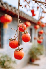 Persimmons drying on strings in traditional chinese method with red lanterns in background