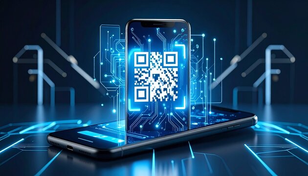 Futuristic Mobile Phone Displaying Digital QR Code , Generated with AI. - Powered by Adobe