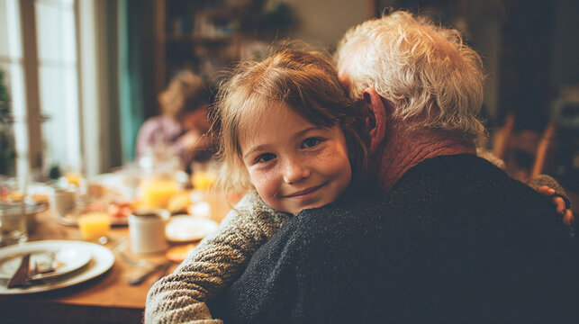 Granddaughter hugging her elderly grandfather from behind while sitting at the breakfast table, warm family connection - Powered by Adobe
