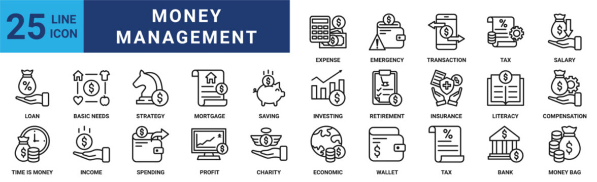 Money management icon set. Containing loan, basic needs, strategy, mortgage, saving, investing, retirement and more. Solid vector icons collection