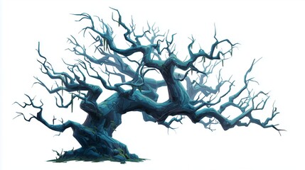 3D haunted tree icon with twisted branches, cartoon style, clipart on white background