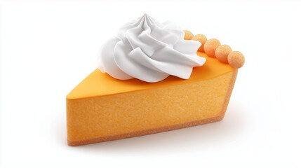 3D pumpkin pie slice icon with whipped cream, cartoon style, clipart on white background
