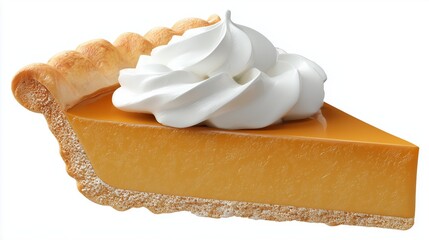 3D pumpkin pie slice icon with whipped cream, cartoon style, clipart on white background