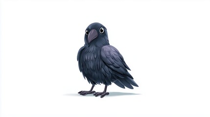 3D raven bird icon with round body, cartoon style, clipart on white background
