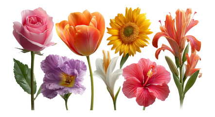 Colorful Floral Set of Isolated Flowers on Transparent Background