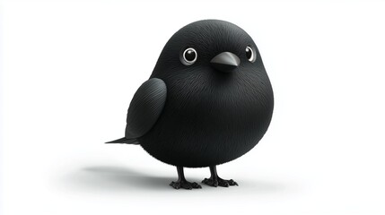 3D raven bird icon with round body, cartoon style, clipart on white background
