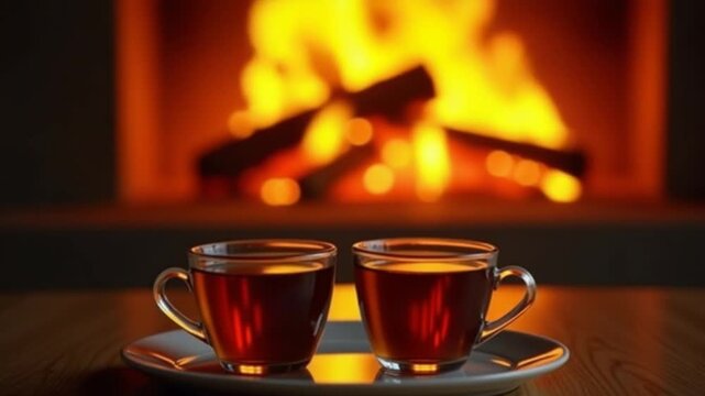 Glass cups with tea. Burning fire in the fireplace. Warmth and home comfort. Flame of a country house. 4K