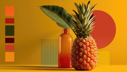 Vibrant pineapple, vase, and abstract shapes on a mustard yellow background