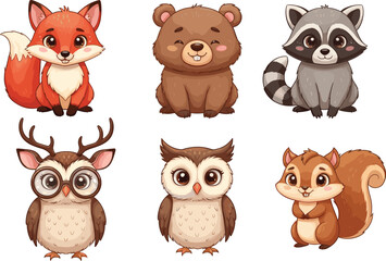 Cartoon Woodland Animals with Glasses and Antlers – Cute Vector Set for Kids, Nature Education, Clipart, Posters, and Learning Materials